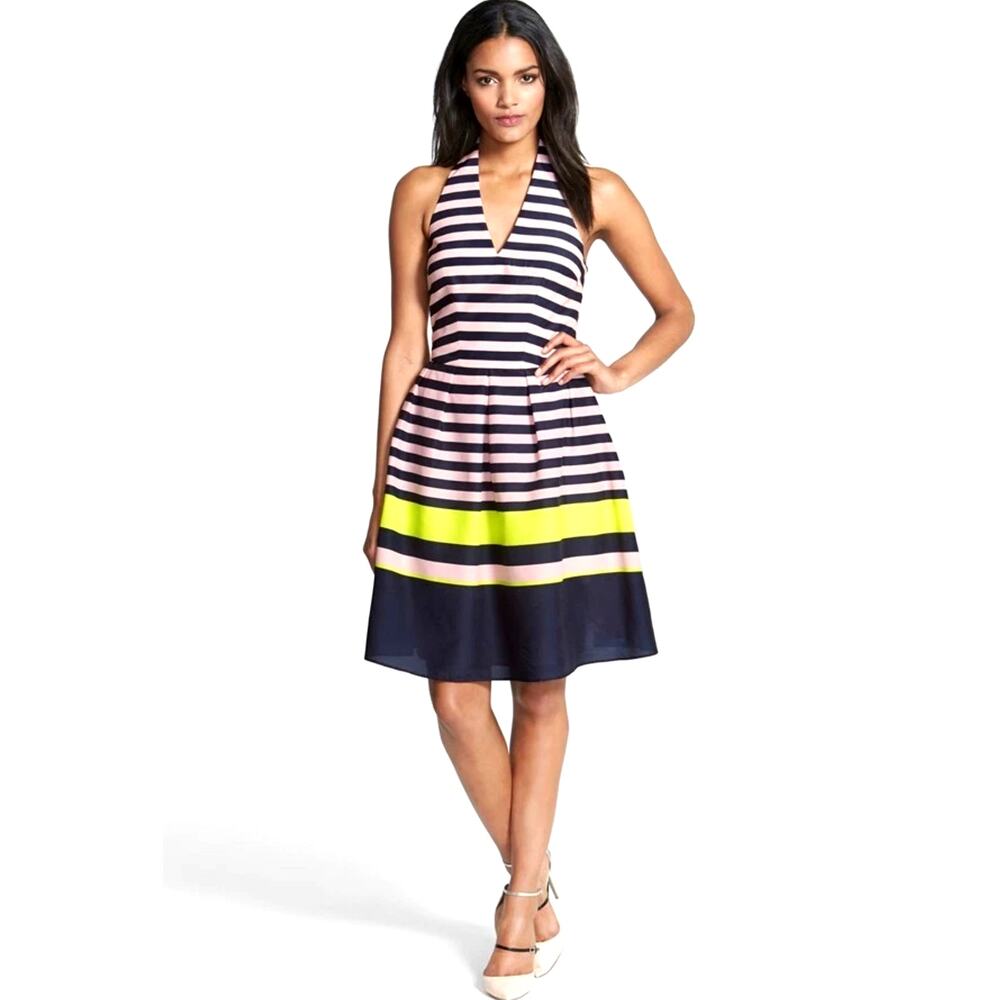 Ted Baker London Size 8 Striped Halter Midi Dress Neon Yellow Pleated